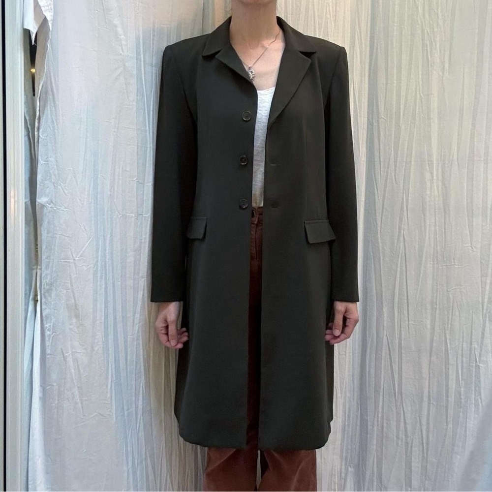 Olive Green Fitted Duster Topper Coat Jacket Vintage 90s - Picture 3 of 8